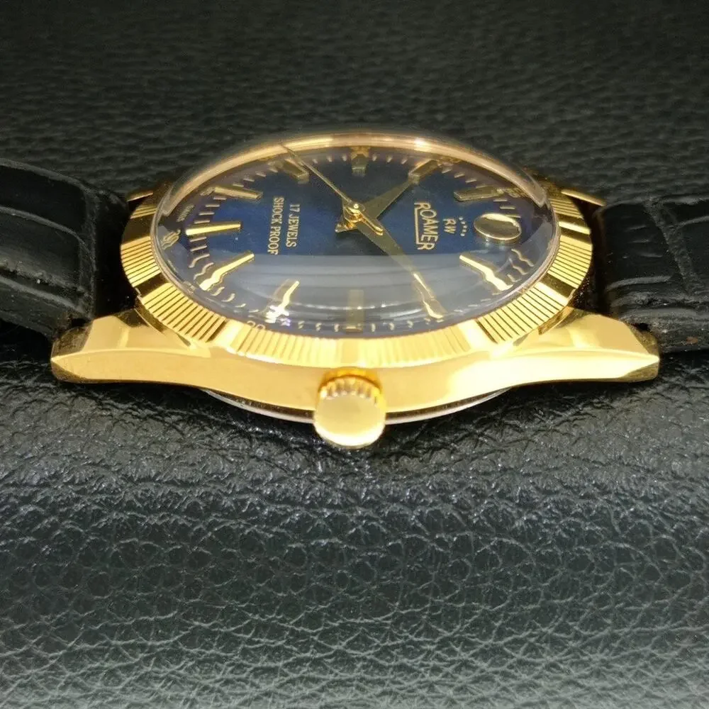 Vintage 1974 Roamer Manual Mens Gold Watch W/Leather Strap & Blue accents